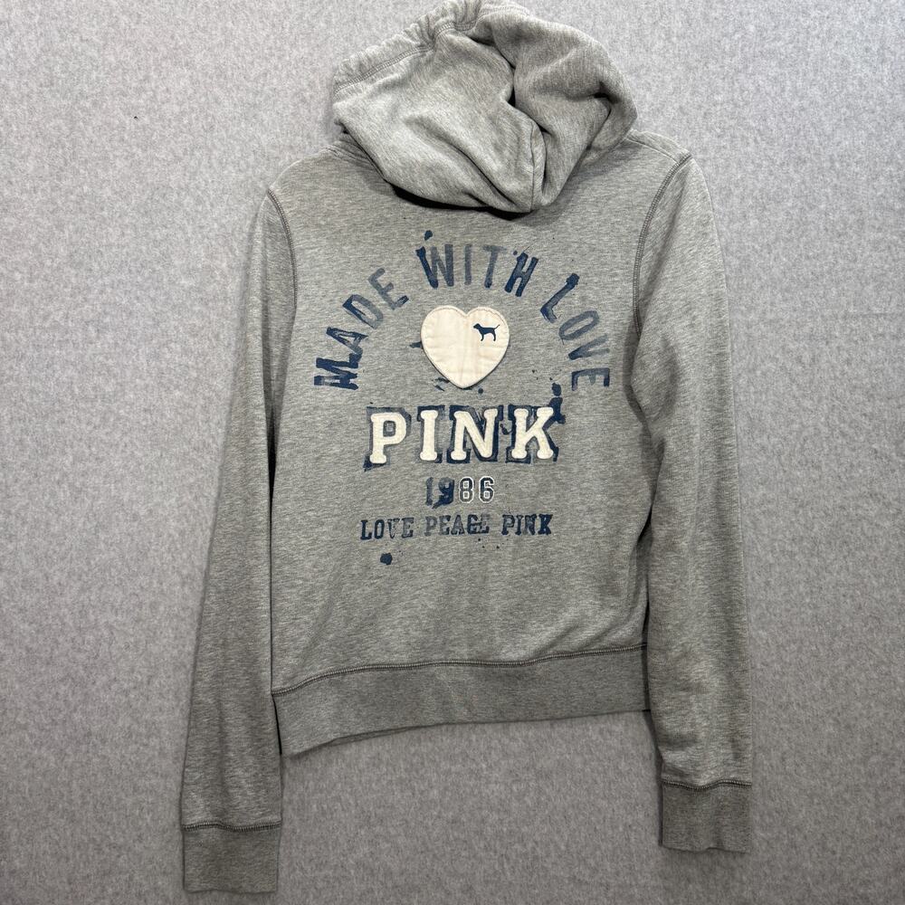 PINK Victoria's Secret Graphic Hoodie Sweatshirt Sz M Gray Y2K School Sporty
